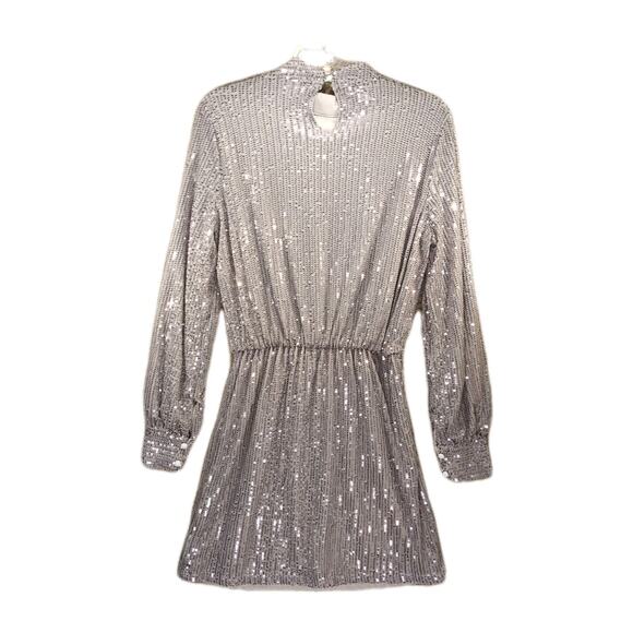 Miss Ord Silver Sequin Mini Dress M Mock Neck Belted NYE 70s 80s Glam - Picture 3 of 12